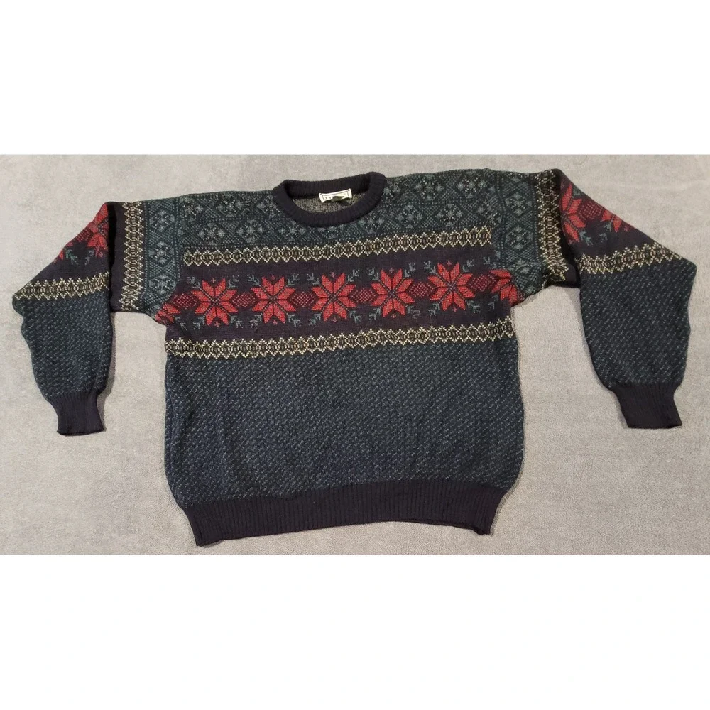 LL Bean Vintage Worsted Wool Fair Isle Snowflake Sweater Made in Ireland Mens L